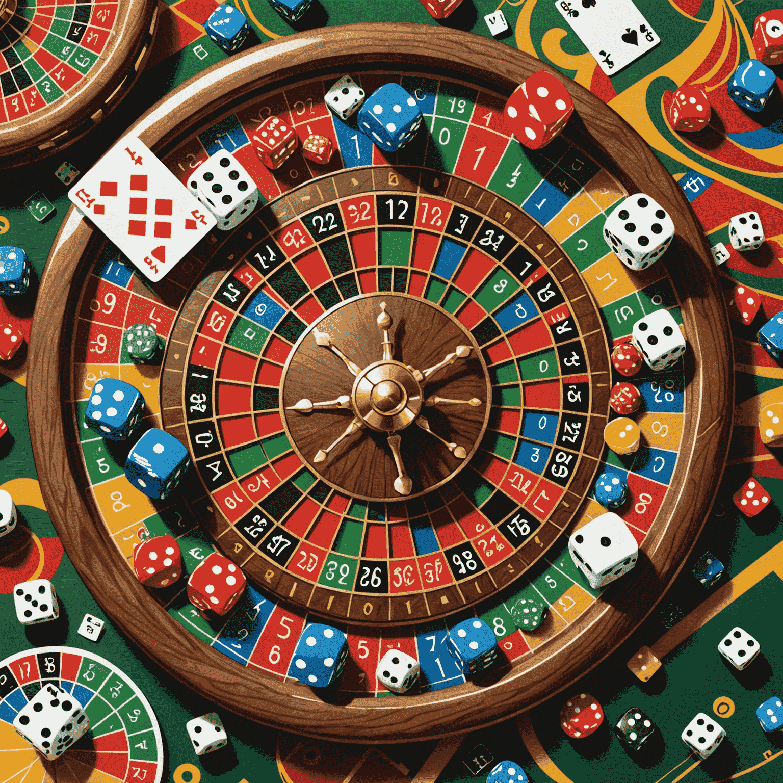 A vibrant illustration showcasing various random selection methods: dice, lottery balls, shuffled cards, and a roulette wheel, all arranged in an artistic composition against a background with swirling patterns of numbers and probability curves