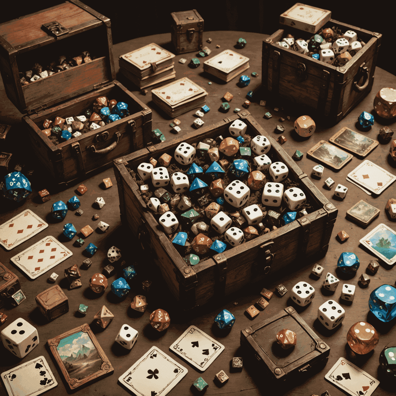 A collage showing various game elements affected by randomization: dice, cards, procedurally generated landscapes, and loot drops from treasure chests