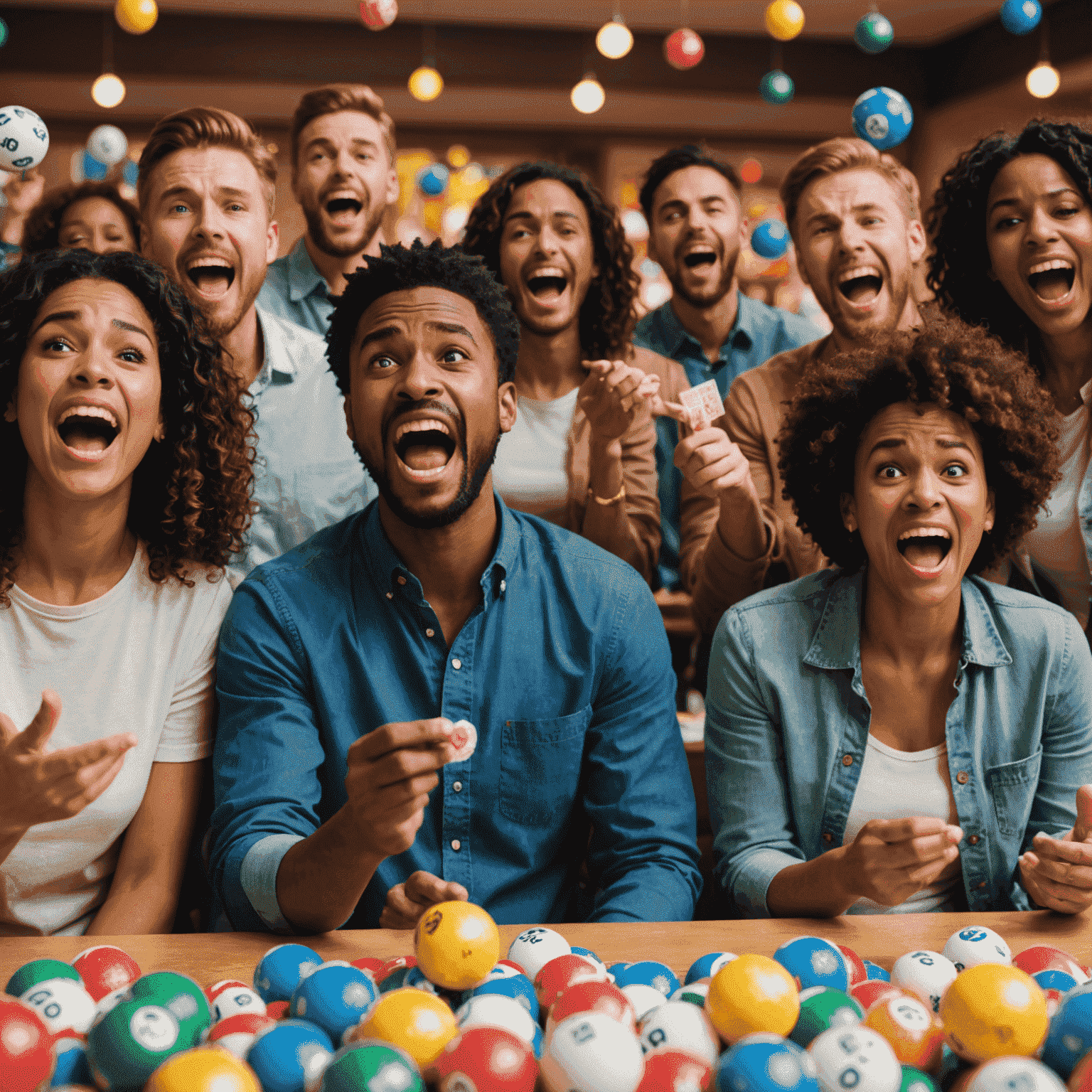 A group of diverse people reacting to a lottery draw, showing various emotions from excitement to disappointment. The image includes lottery balls and tickets in the foreground.