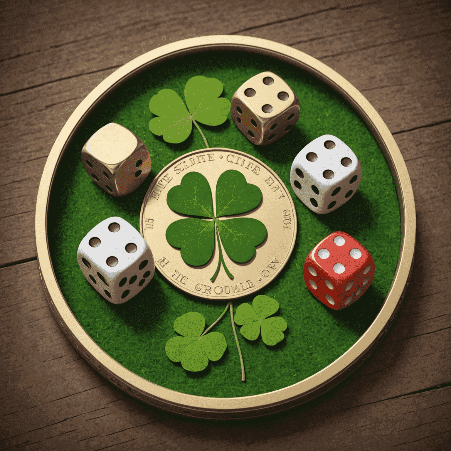 Illustration of a coin toss with one side showing a four-leaf clover (luck) and the other side showing dice (chance)
