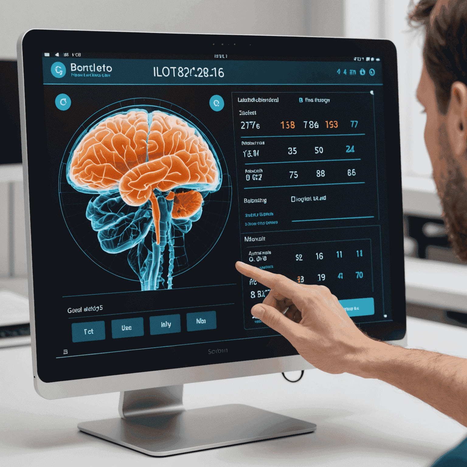 A split-screen image: on one side, a person's hand hovering over a modern, touchscreen number interface for digital lotto selection; on the other side, brain scans showing neural activity during decision-making processes