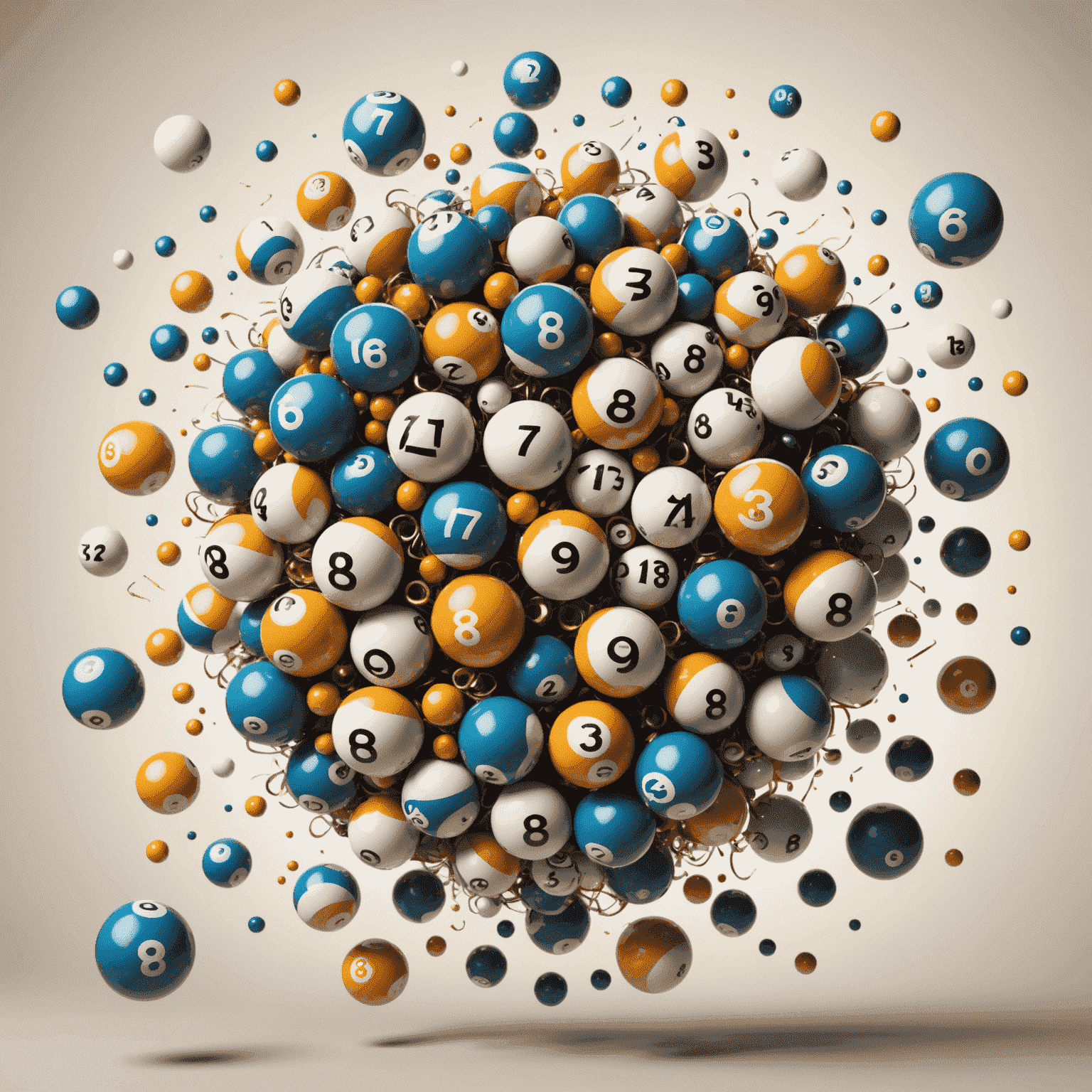 A visual representation of a random number generator, with floating numbers and lottery balls in a dynamic, swirling pattern