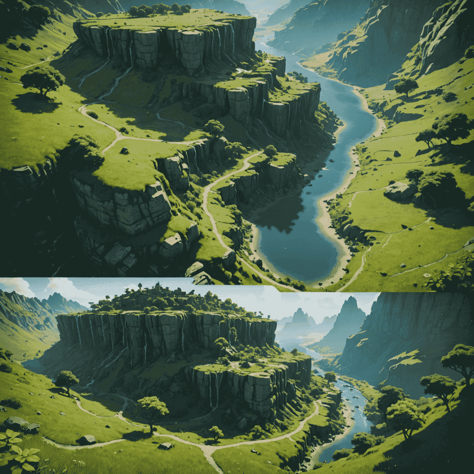 Side-by-side comparison of two procedurally generated landscapes in a video game, showcasing different terrains, vegetation, and structures