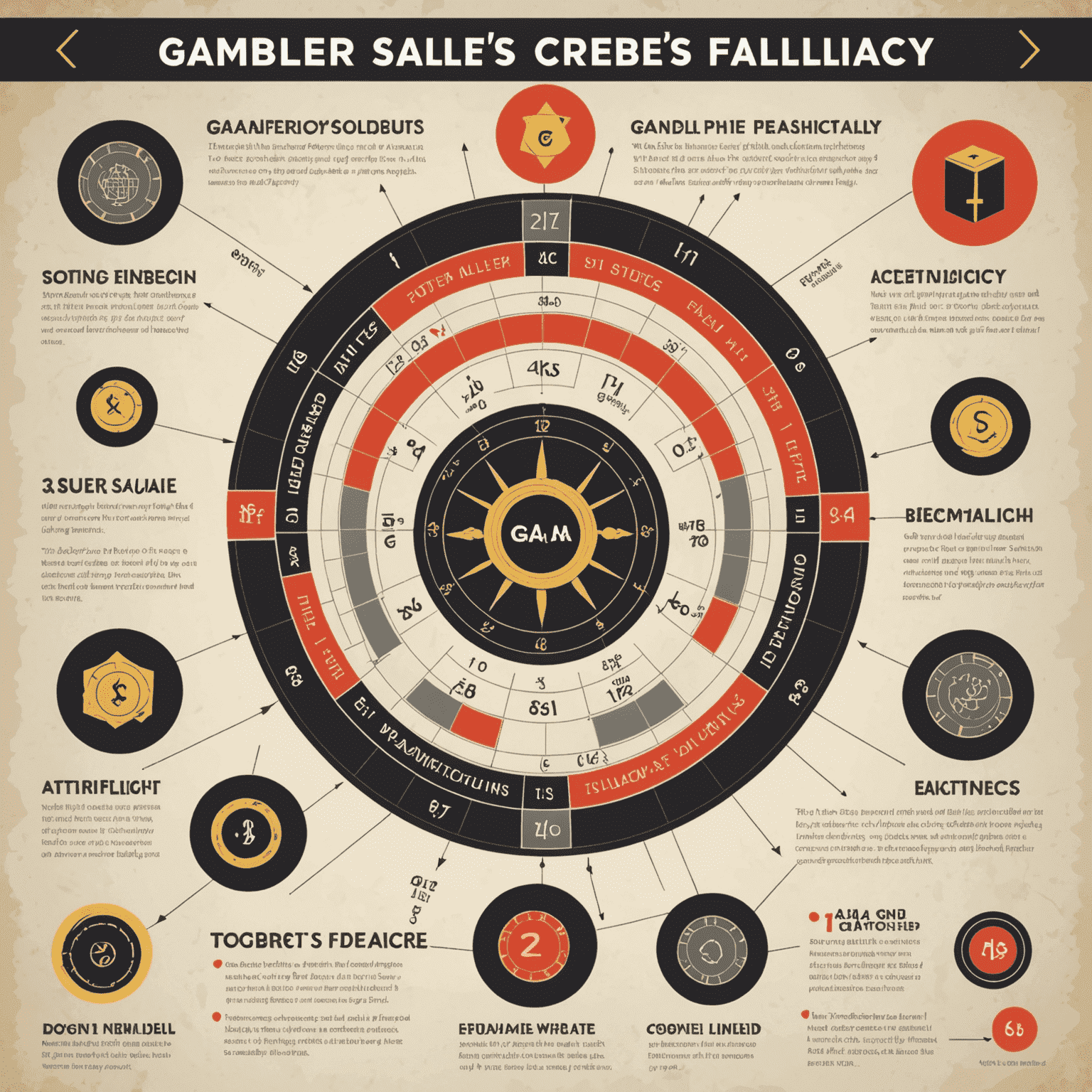 An infographic showing the gambler's fallacy, with a series of coin flips and misconceptions about probability highlighted
