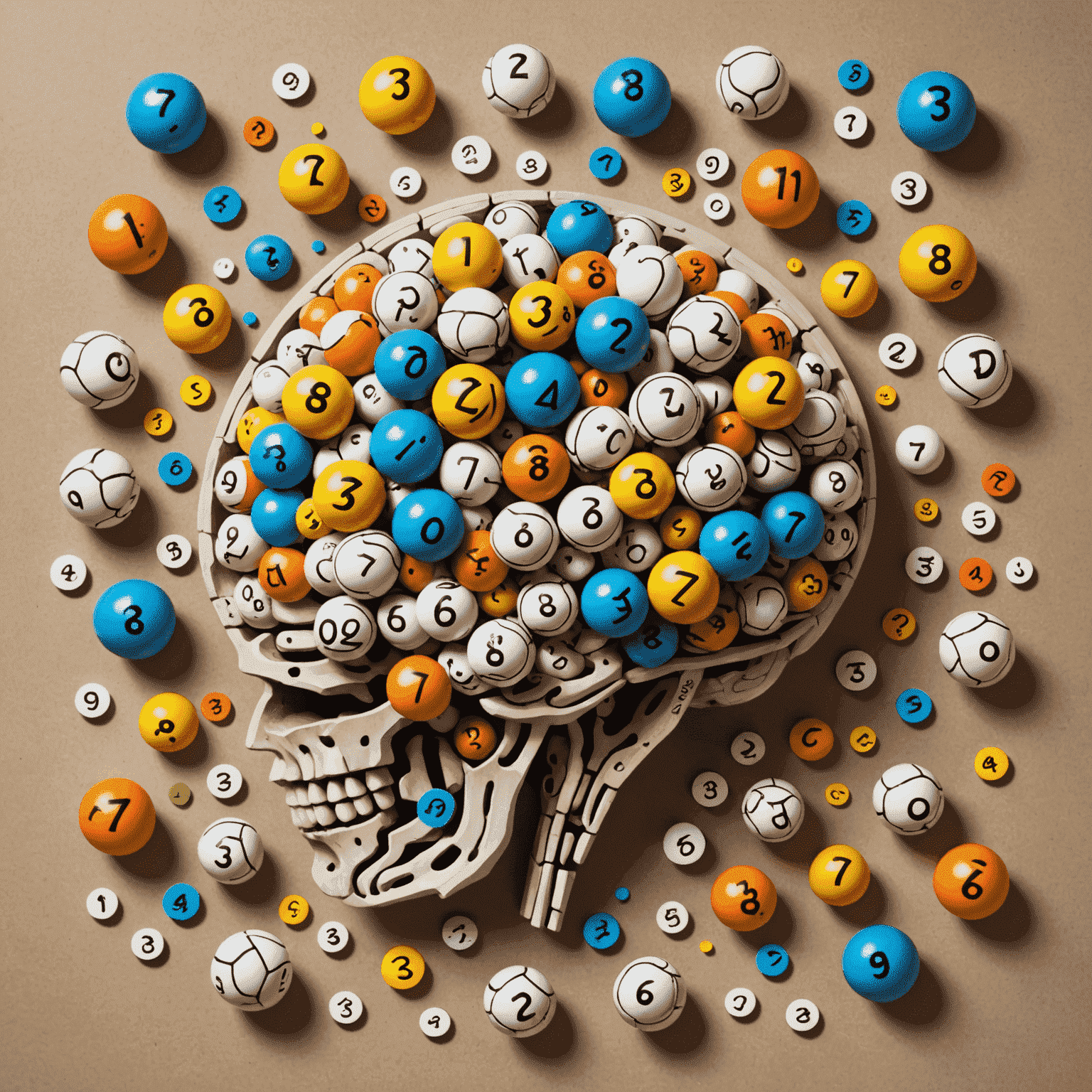 Brain illustration with lottery balls and question marks, representing the psychological aspects of random draws